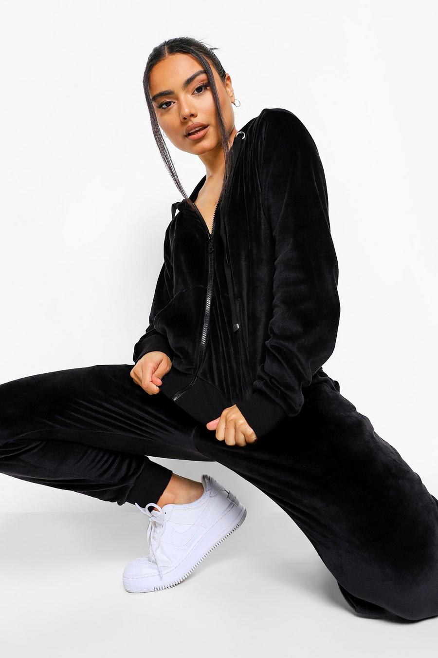 Black Recycled Velour Hoodie And Jogger Loungewear Set image number 1