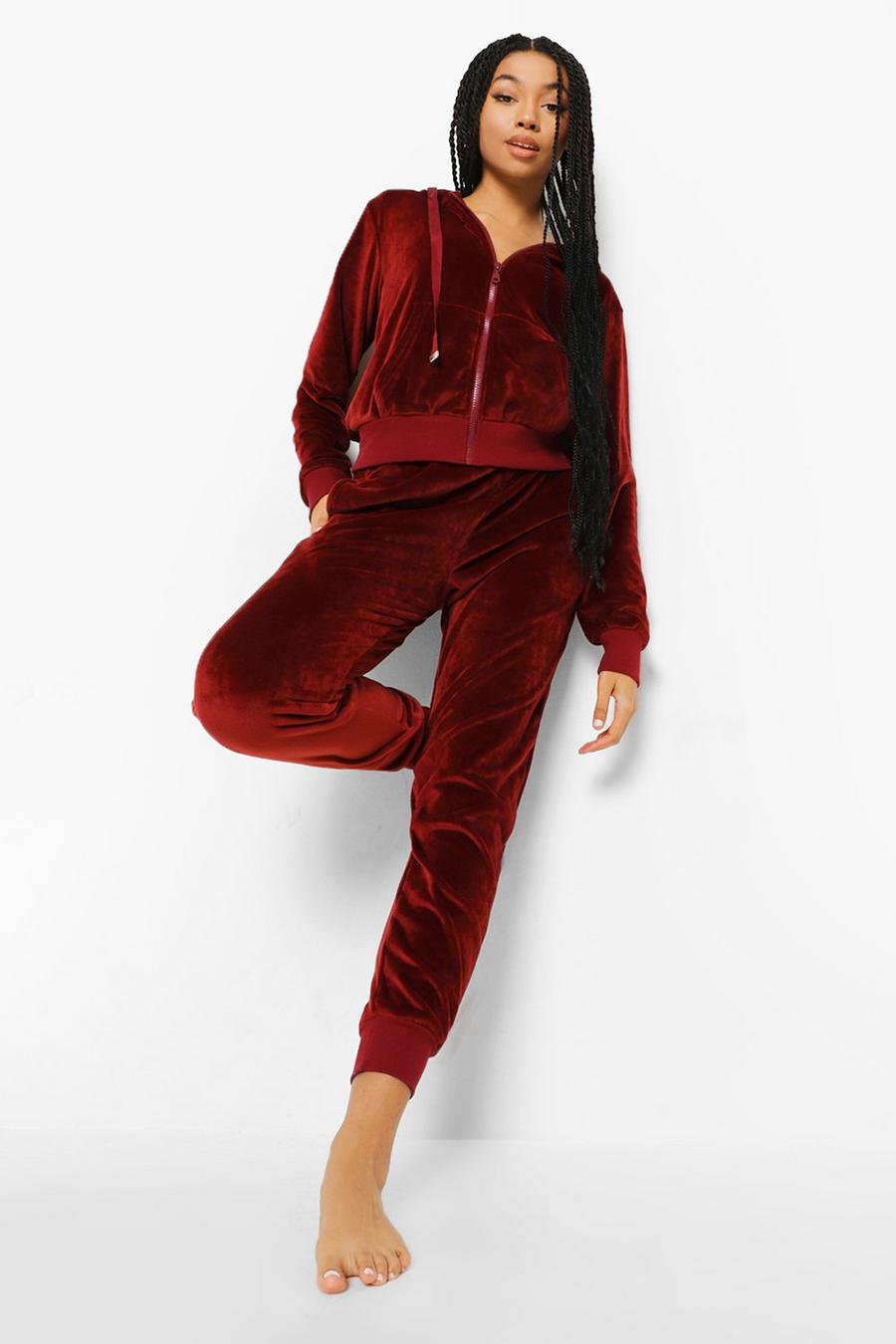 Burgundy red Hoodie och joggers i velour image number 1