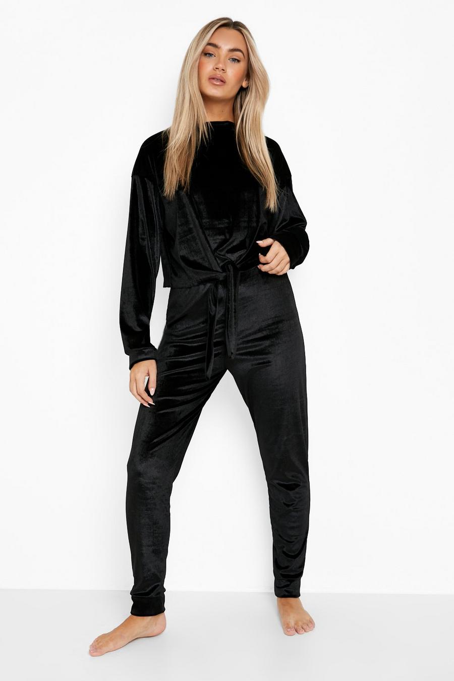 Samt Loungewear-Set mit Zierknoten, Black schwarz image number 1