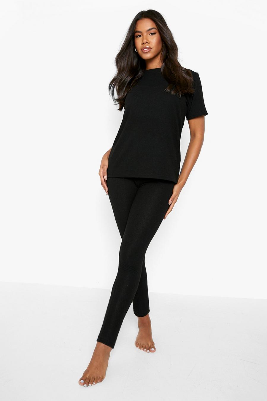 Set T-shirt spazzolata in mélange & legging, Black image number 1