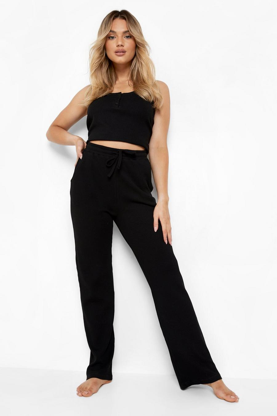 Black Mix And Match Heavy Waffle Track Pants image number 1