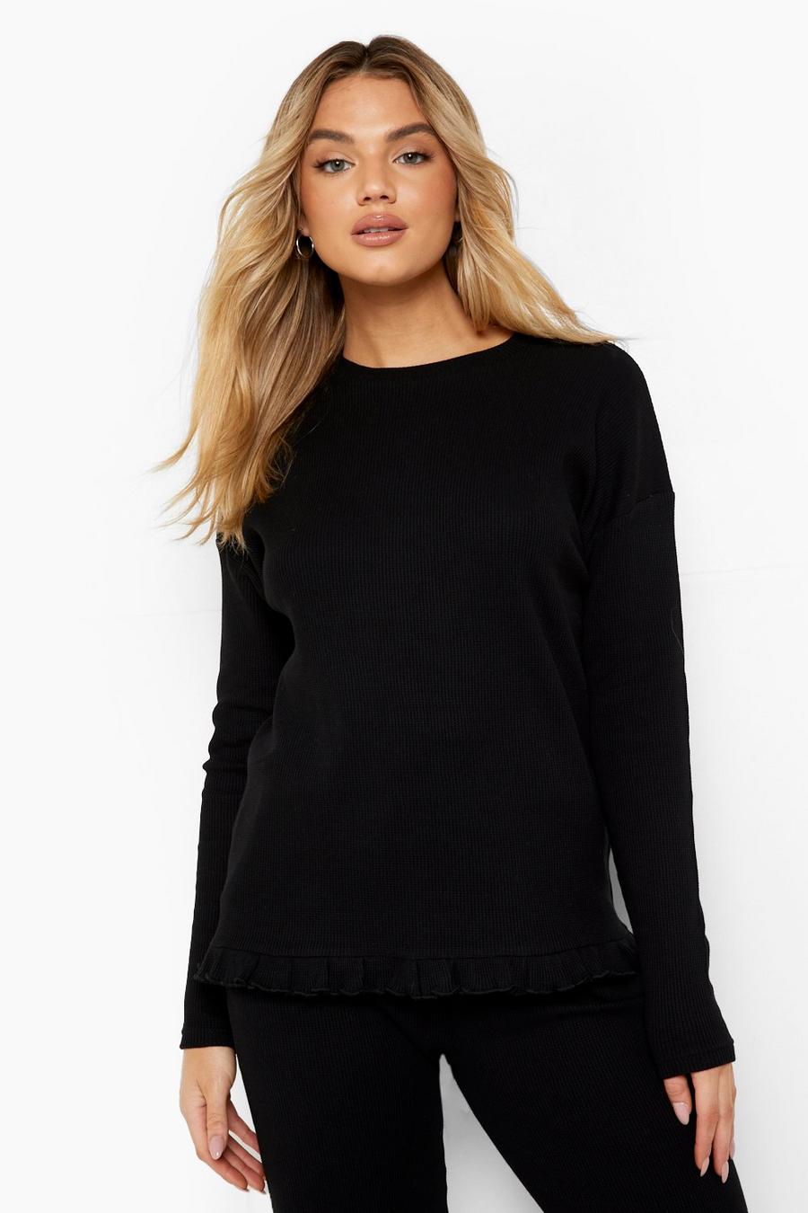 Black Mix And Match Heavy Waffle Long Sleeve Top image number 1
