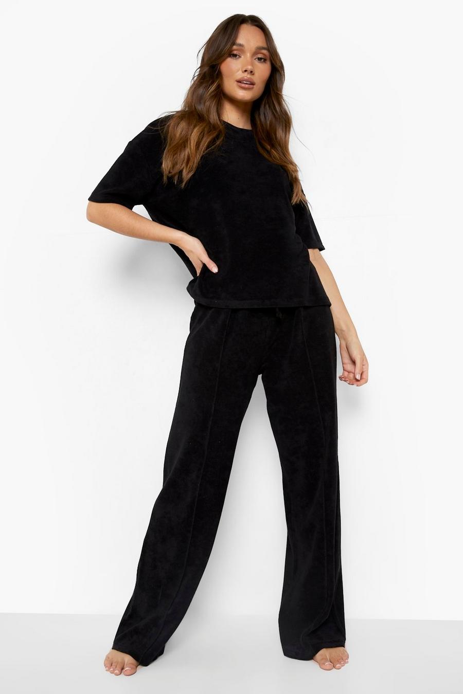 Black Mix And Match Rib Towelling Wide Leg Trouser image number 1