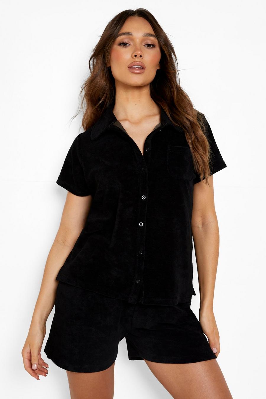 Black Mix And Match Rib Towelling Lounge Shirt image number 1