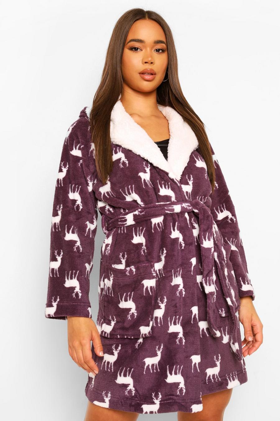 Purple Deer Print Fleece Christmas Dressing Gown image number 1