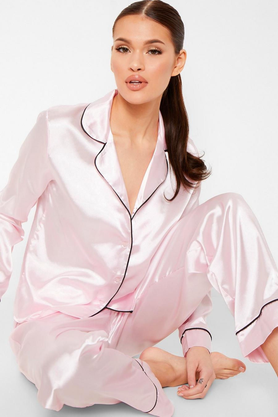 Pink Contrast Piping Button Down Satin Pajama Set image number 1