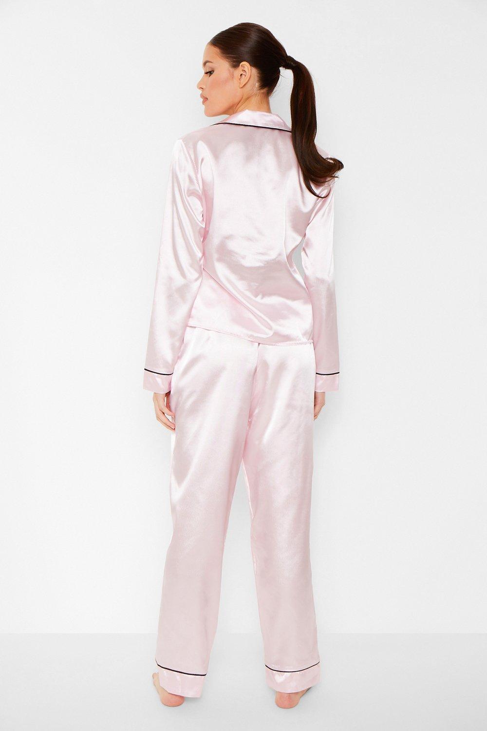 Contrast Piping Button Down Satin Pajama Set