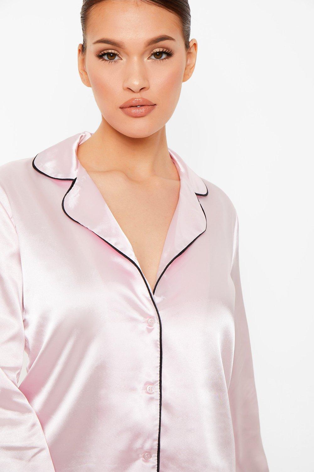 Boohoo Women s Contrast Piping Button Down Satin Pyjama Set Pink