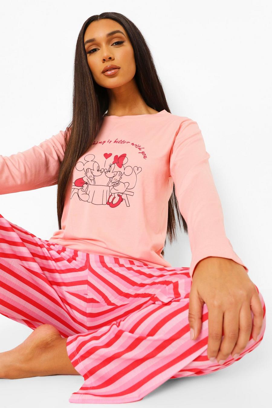 Pink Disney Pyjamas med vida långbyxor och Musse och Mimmi image number 1