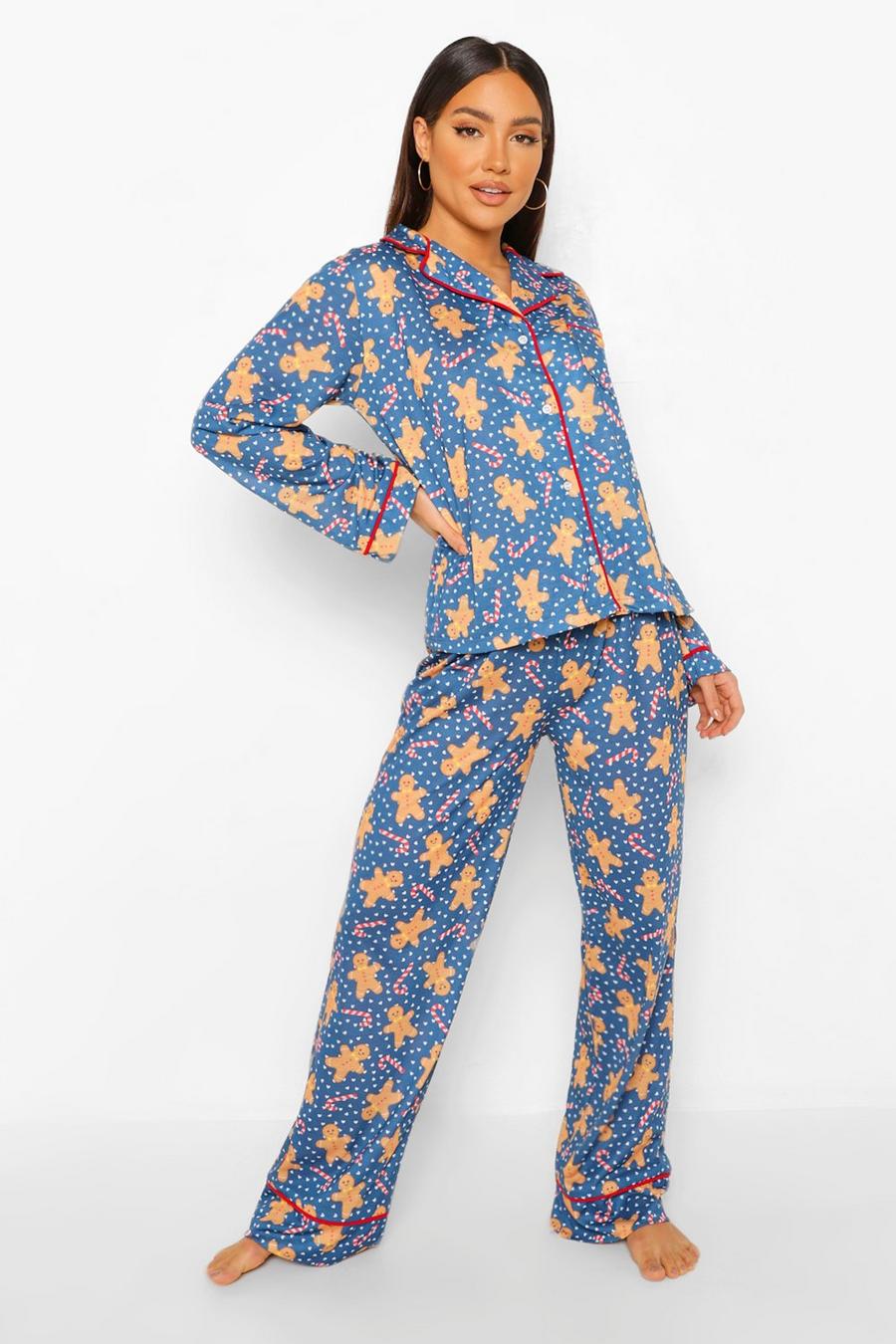 Navy Mixa & Matcha Pyjamasskjorta med pepparkaksgubbar image number 1