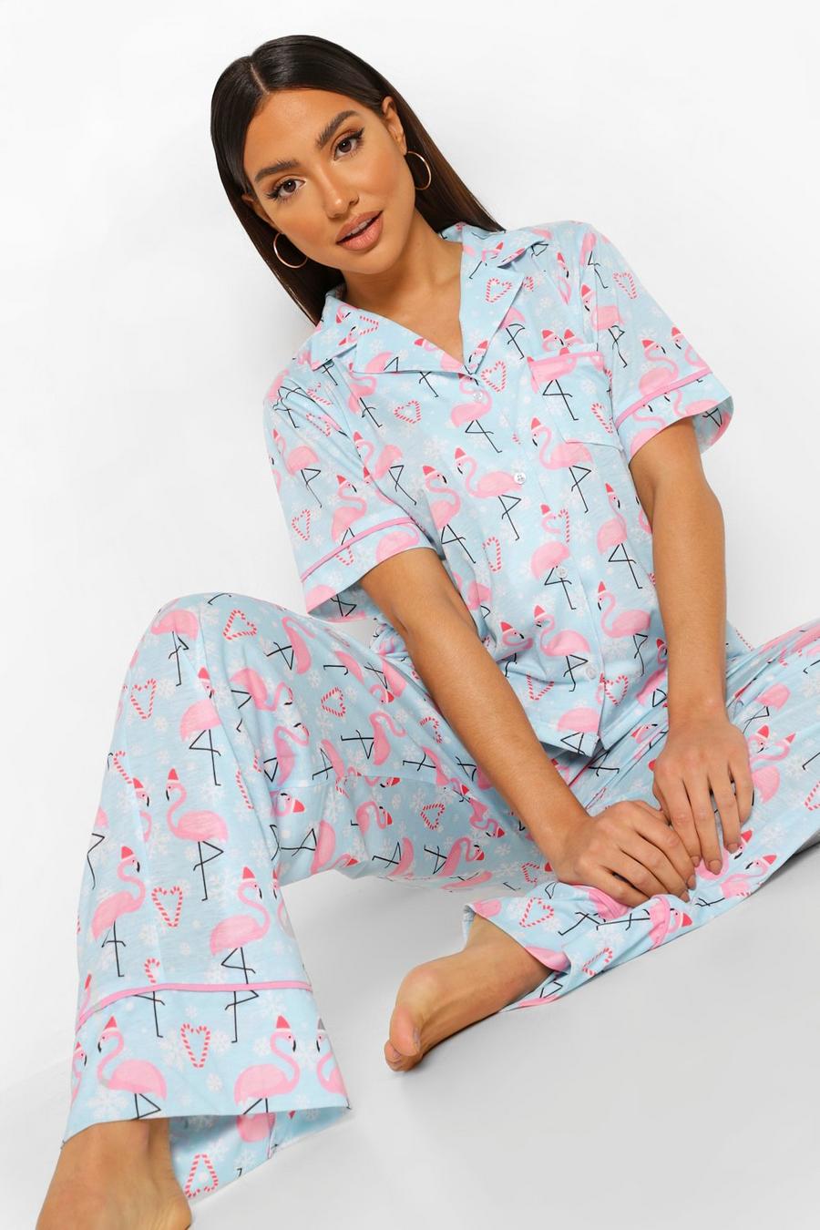 Blue Mixa & Matcha Pyjamasbyxor med juligt mönster och flamingos image number 1