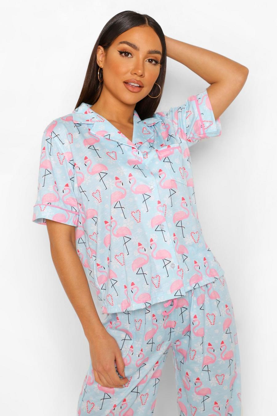 Blue Mix & Match Flamingo Kerst Pyjama Shirt image number 1