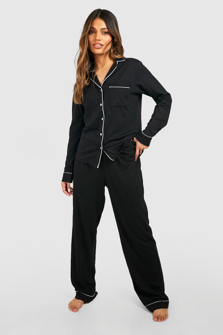 Black Jersey Button PJ Long Sleeve Trouser Set image number 1