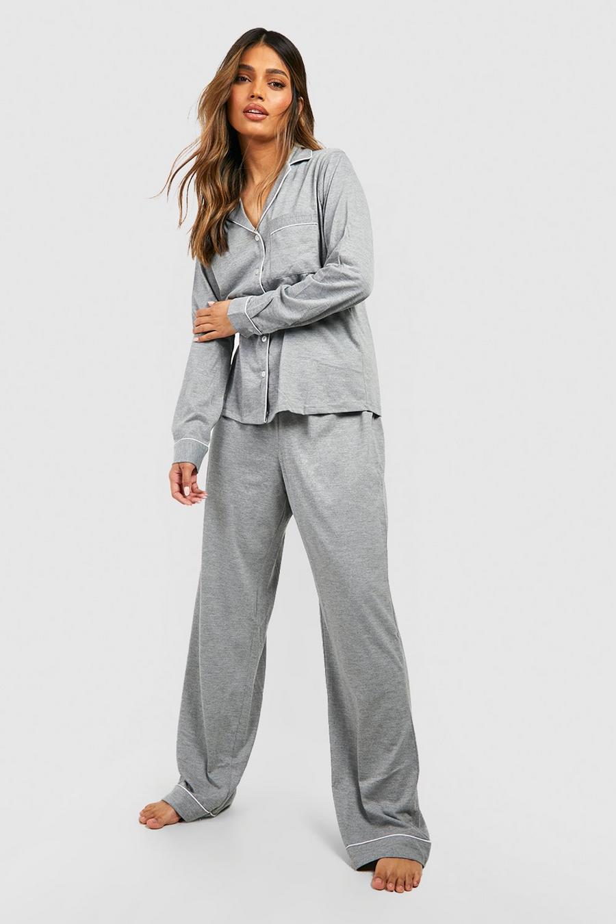 Grey grigio Jersey Button PJ Long Sleeve Trouser Set