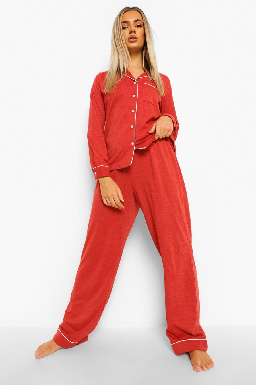 Red Jersey Button PJ Long Sleeve Trouser Set image number 1