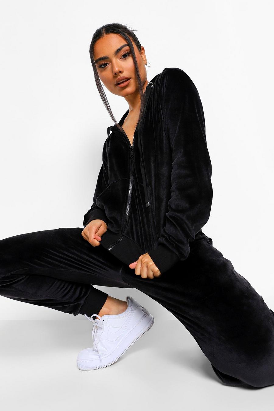 Black Velour Hoodie And Jogger Loungewear Set image number 1