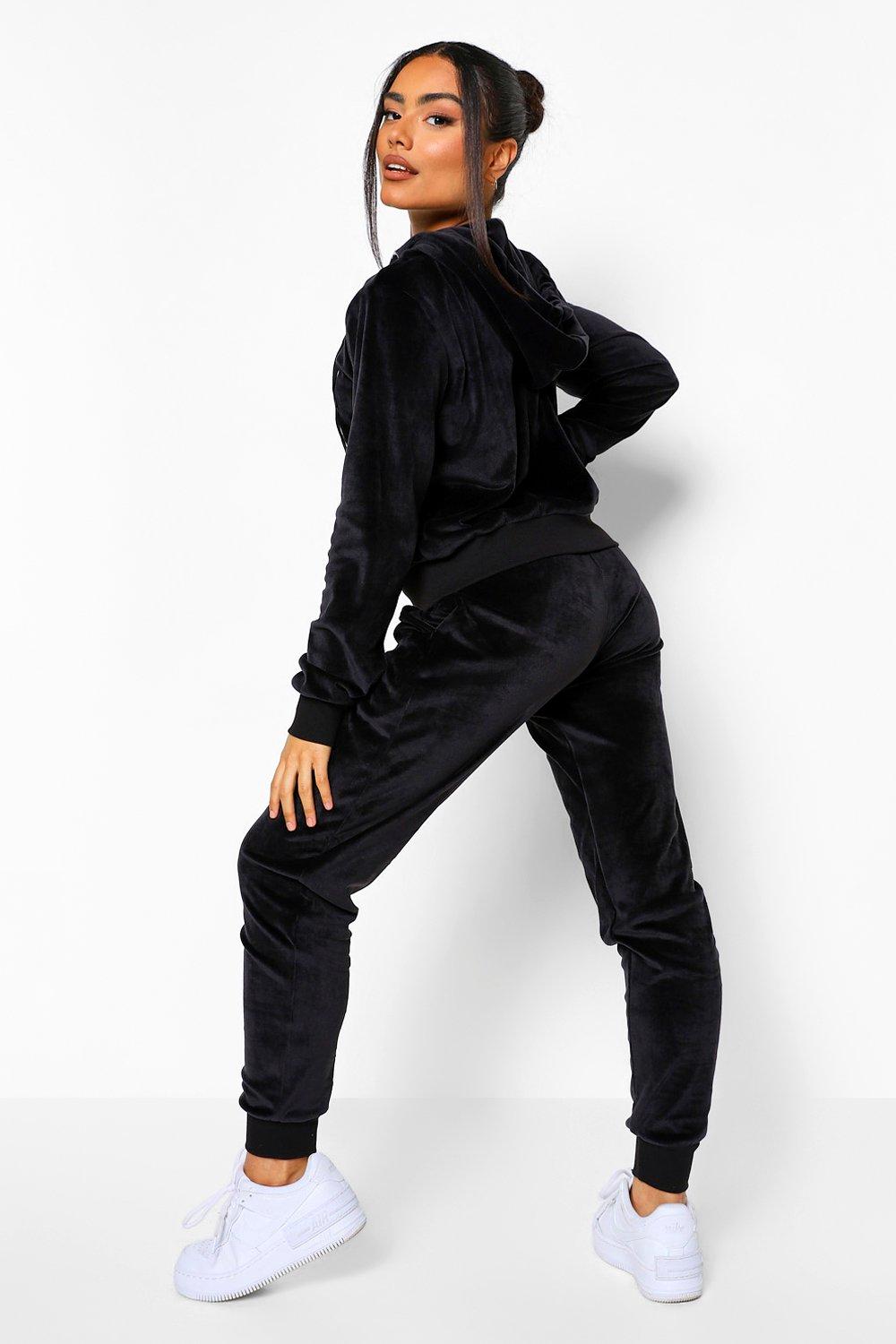 Women s Black Velour Hoodie And Jogger Loungewear Set Boohoo UK