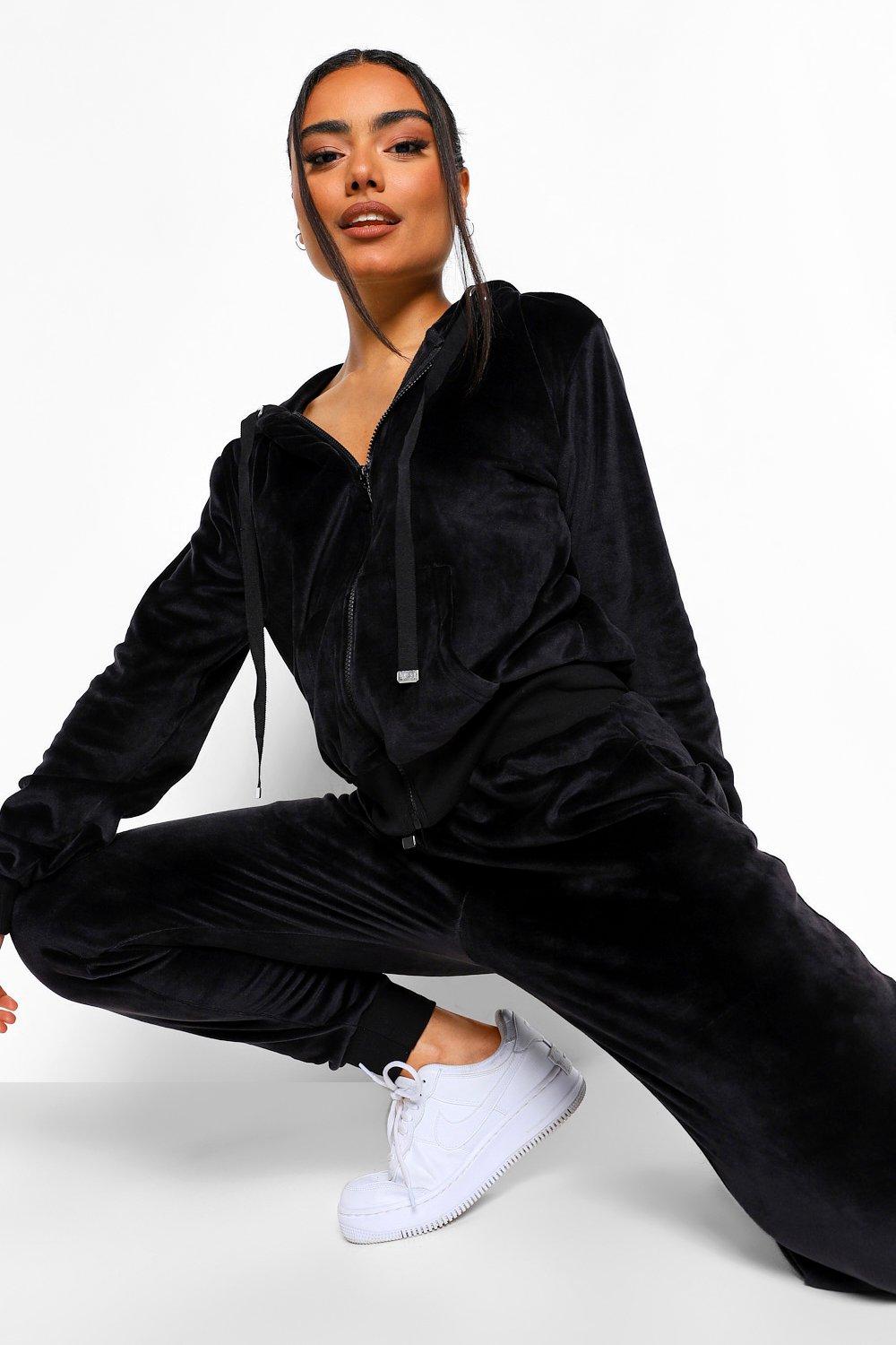 Women s Black Velour Hoodie And Jogger Loungewear Set Boohoo UK