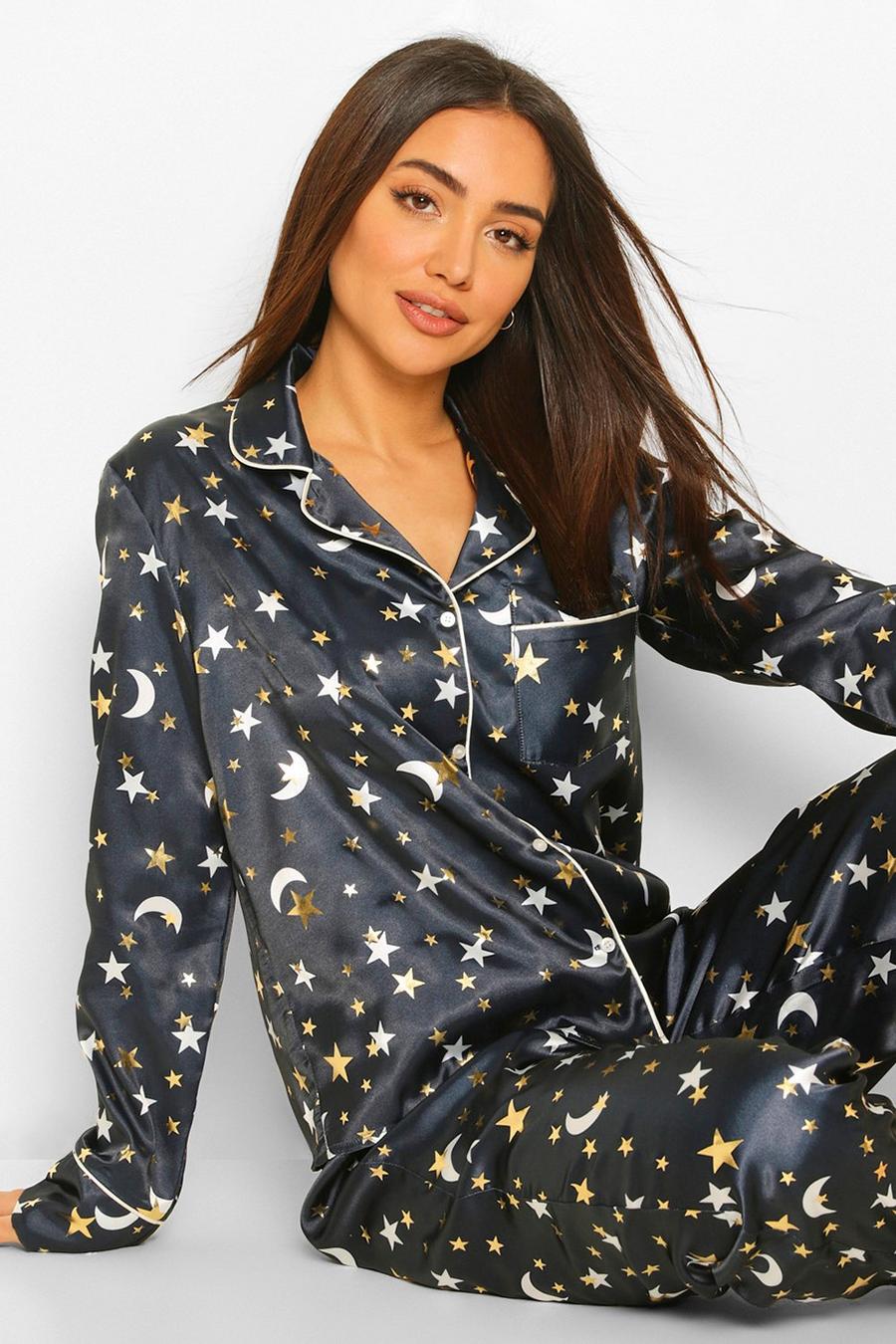 Ensemble pyjama satiné avec pantalon imprimé lune et étoiles, Navy image number 1