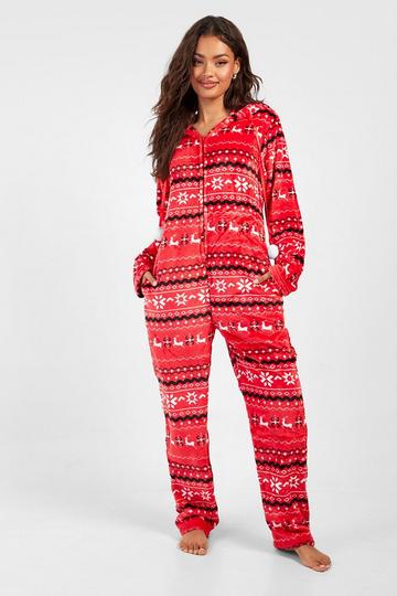 Onesie i fleece med fair isle-mönster red