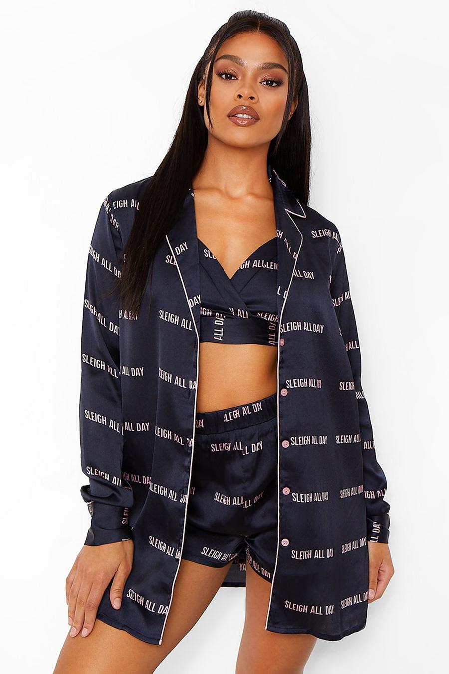 Navy Sleigh All Day Satin Shirt Bralette And Short Set image number 1