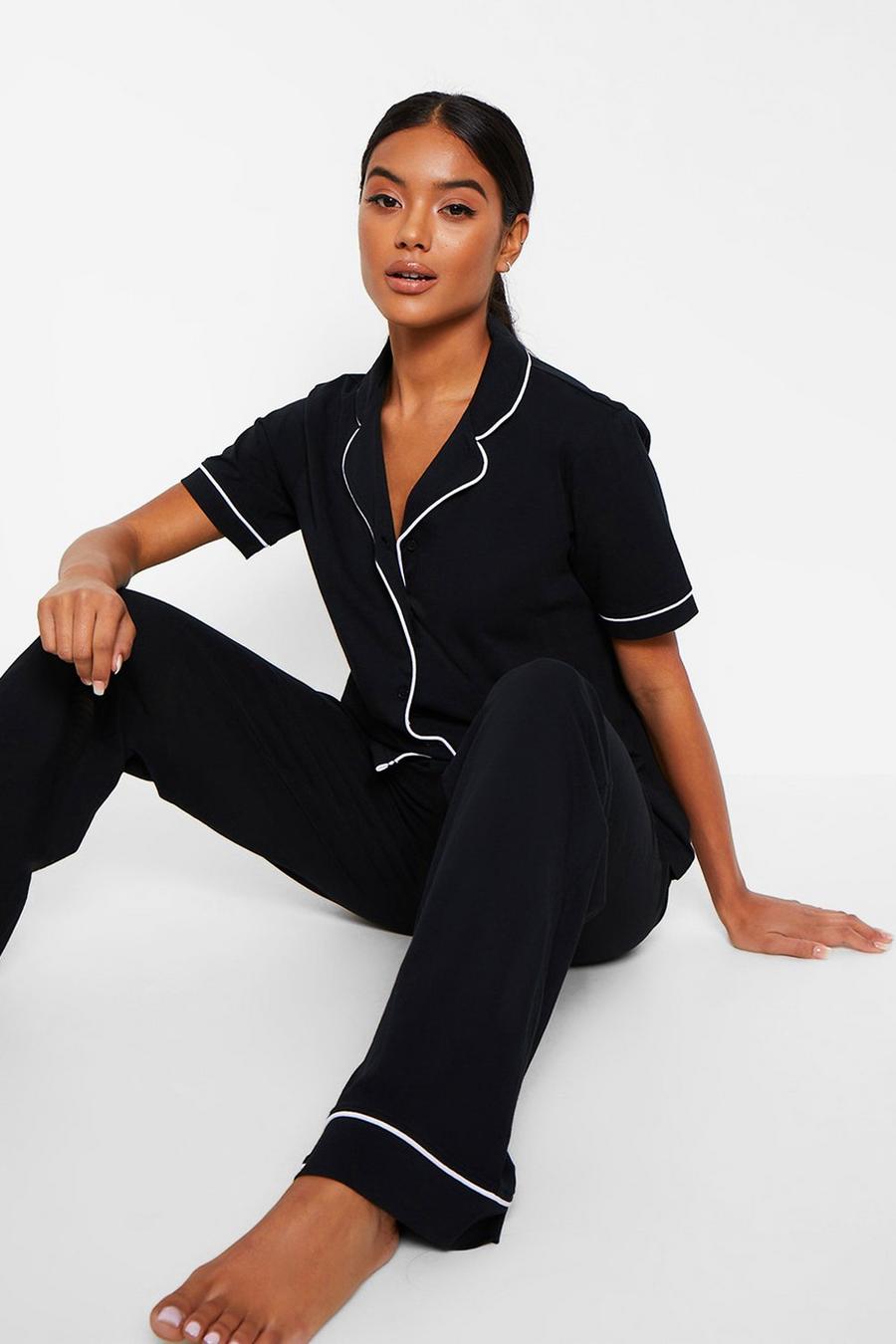 Conjunto de pijama con cierre de botón y manga corta, Negro image number 1