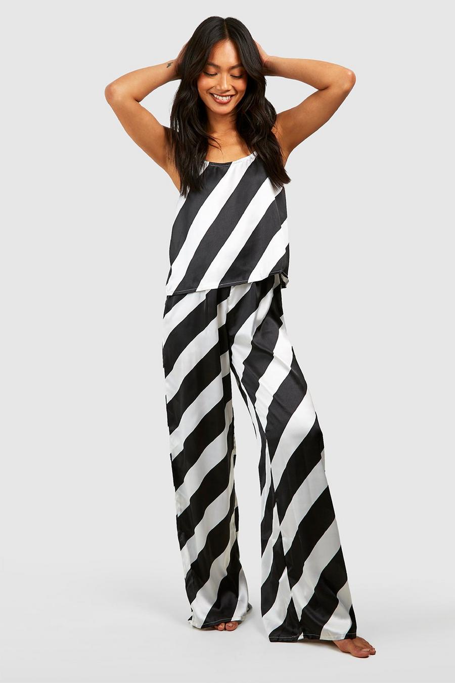 Black negro Christmas Candy Cane Stripe Satin Cami and Trouser Set image number 1