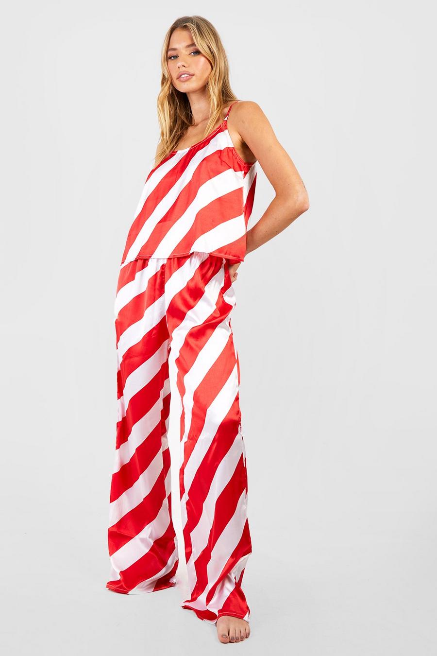 Red Christmas Candy Cane Stripe Satin Cami and Trouser Set image number 1