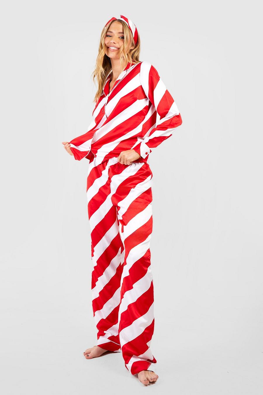Pijama de raso con rayas de caramelo y diadema, Rojo image number 1