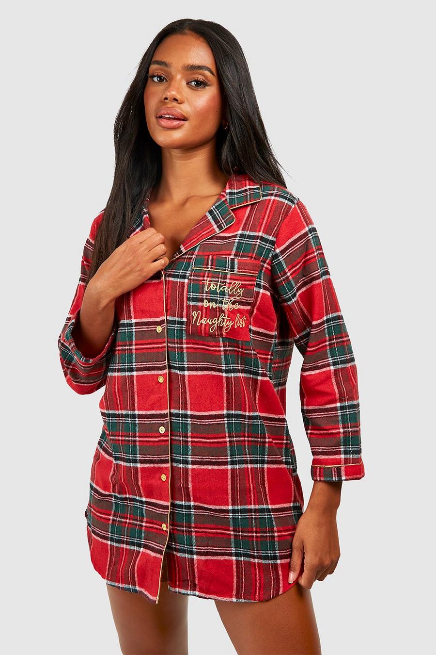 Red Christmas Naughty List Embroidered Flannel Night Shirt