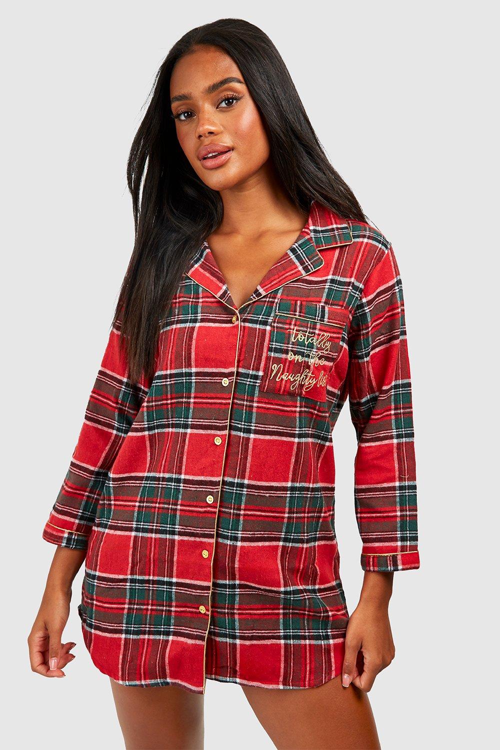 Women s Christmas Naughty List Embroidered Flannel Night Shirt