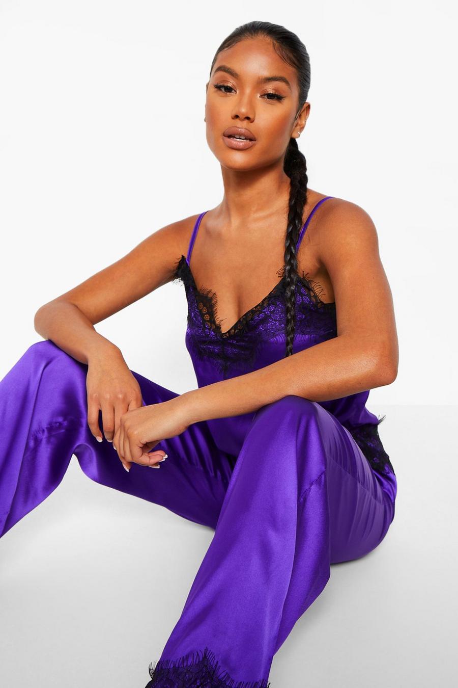 Purple Eyelash Lace Trim Cami and Trouser Set image number 1