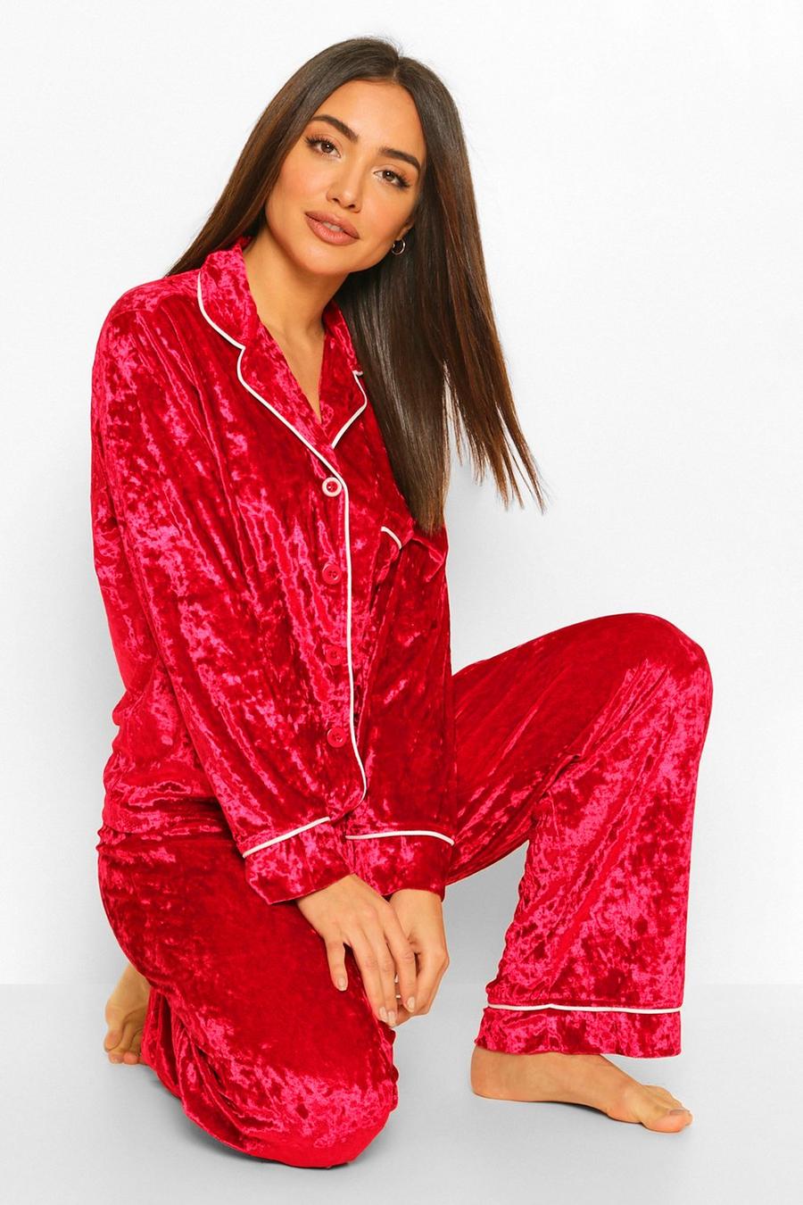 Samt Pyjama-Set mit Knopfleiste, Rot