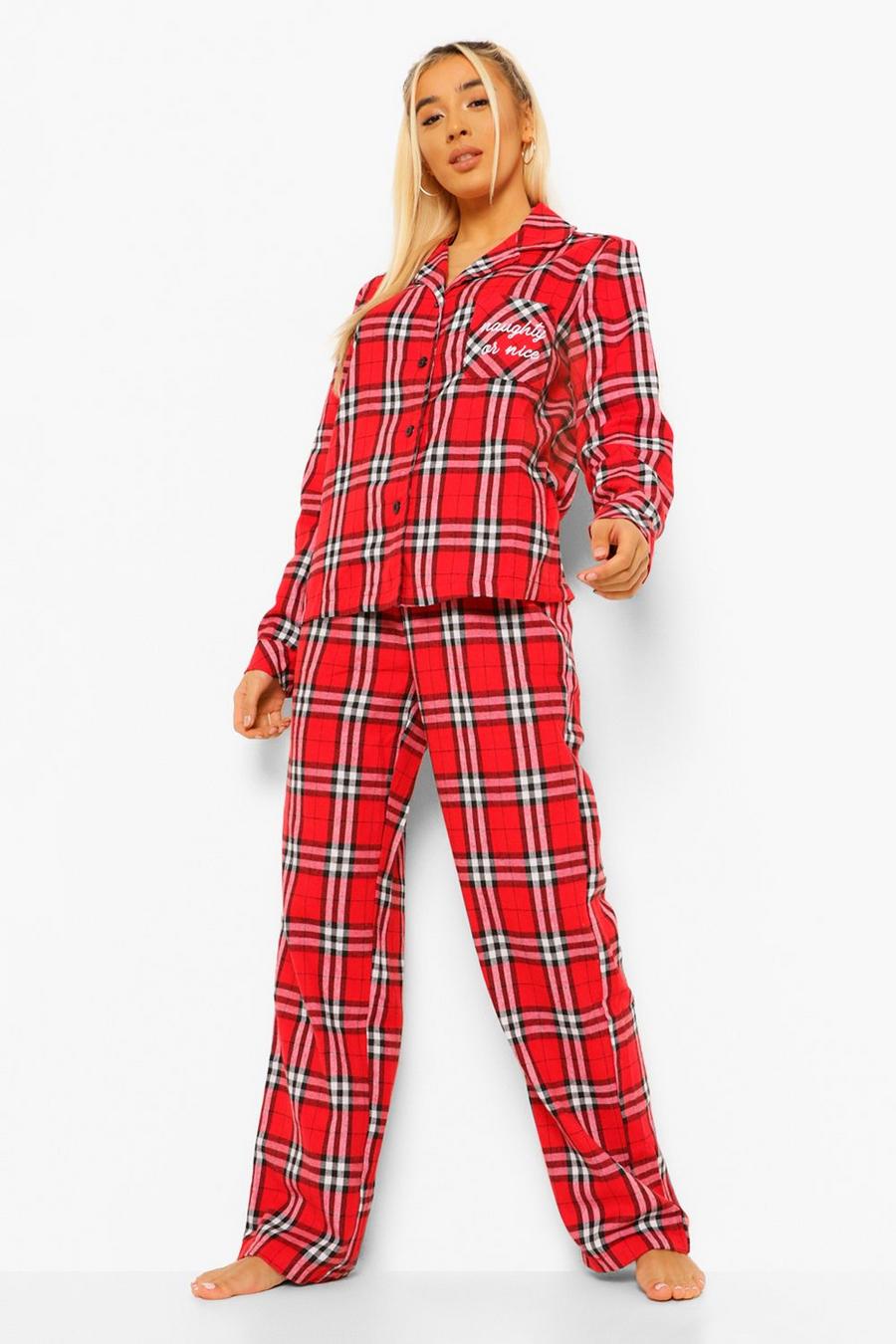 Red rot Naughty Or Nice Flannel Christmas PJ Set