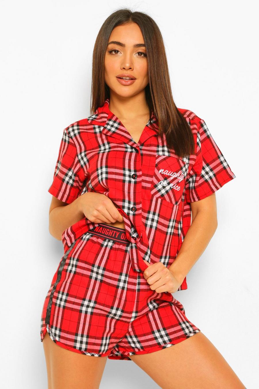 Red Naughty or Nice Flannel PJ Short Set image number 1