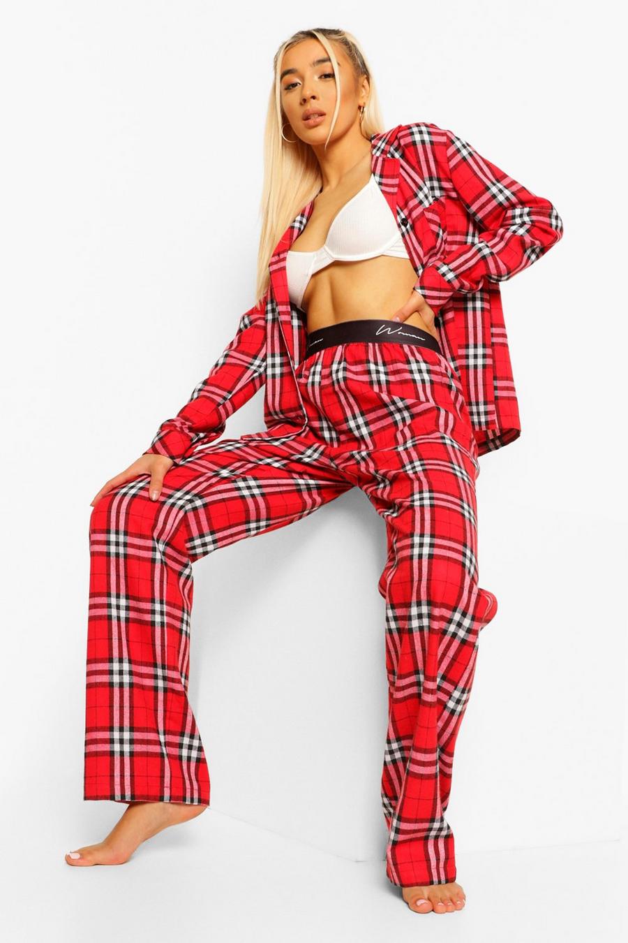 Red Woman Tape Flannel Pyjamas Pants Set image number 1