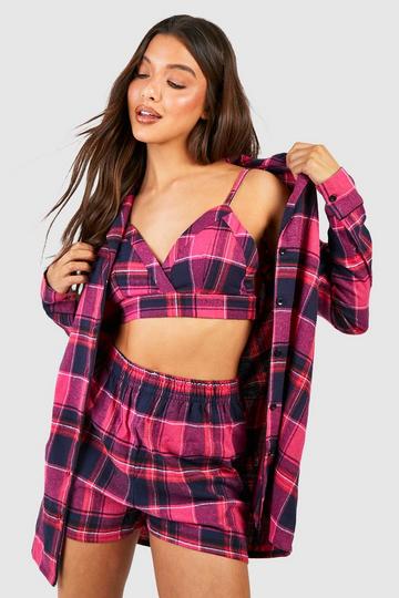 Flannel Shirt Bralette And Short Set pink