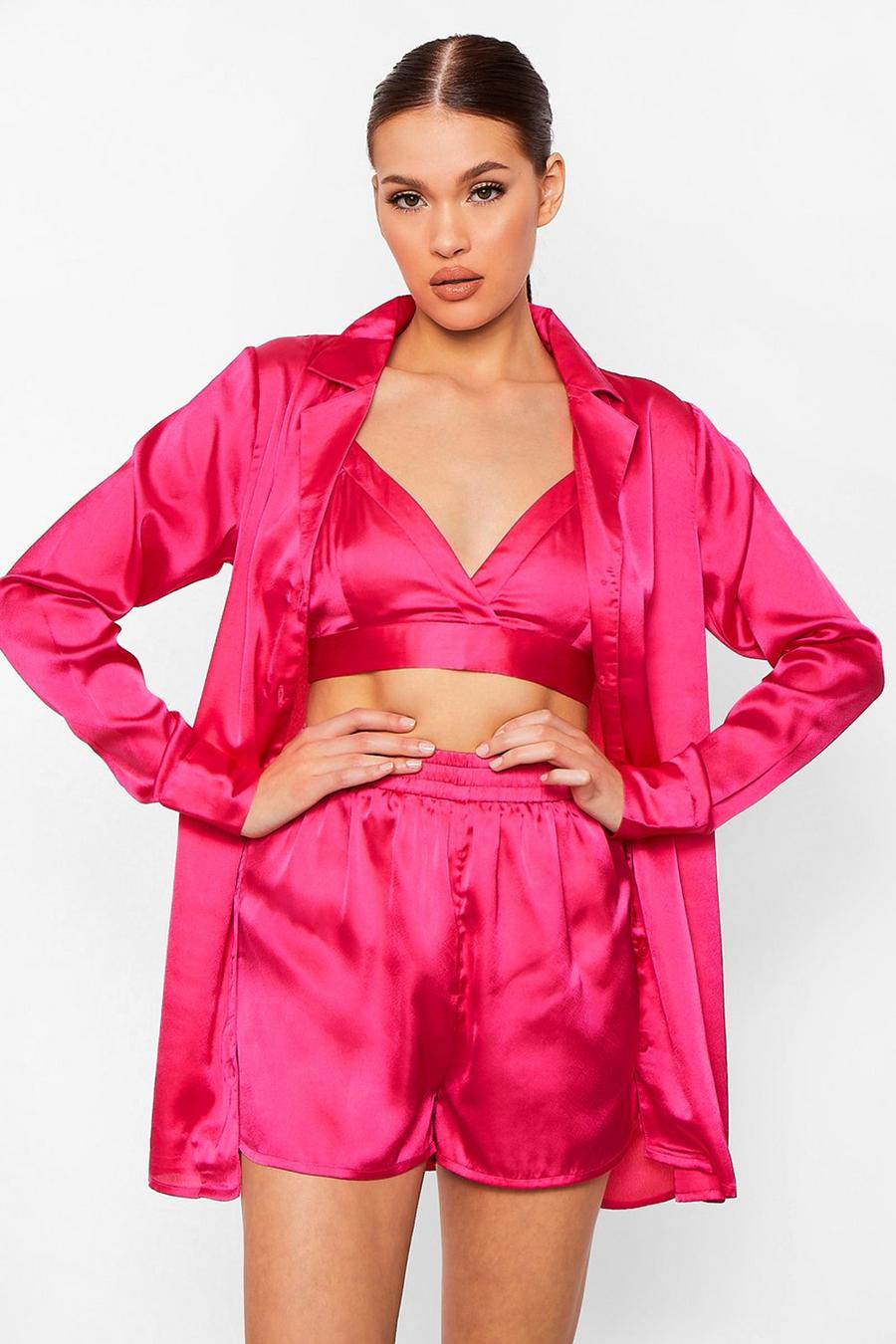Hot pink Satijnen Pyjama Blouse Met Kanten Zoom, Bralette En Shorts Set image number 1