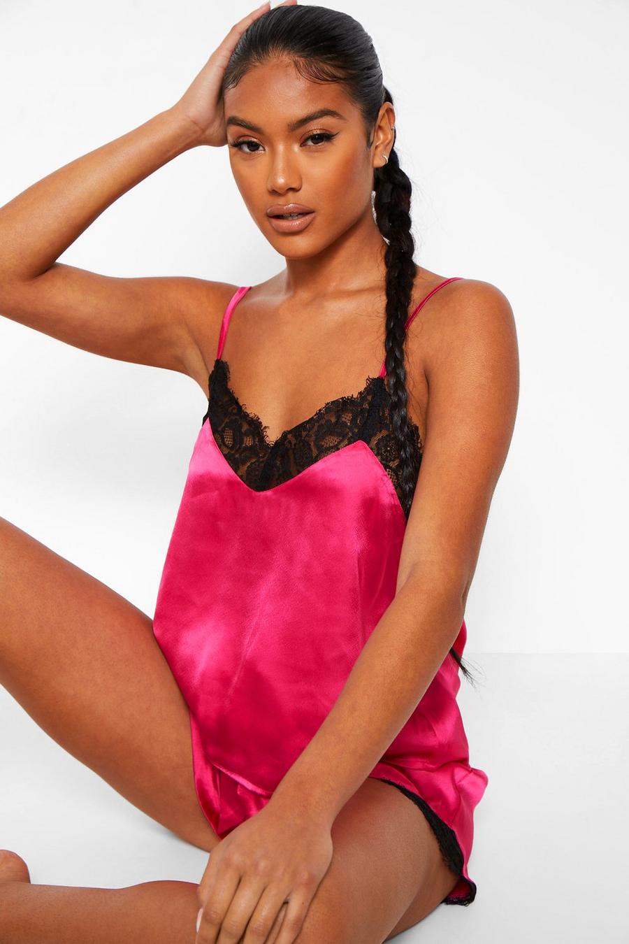 Débardeur de pyjama en satin et dentelle - Mix N Match, Hot pink image number 1