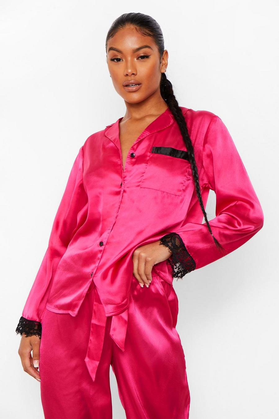 Hot pink Mix & Match Satijnen Pyjama Broek Met Kanten Zoom image number 1