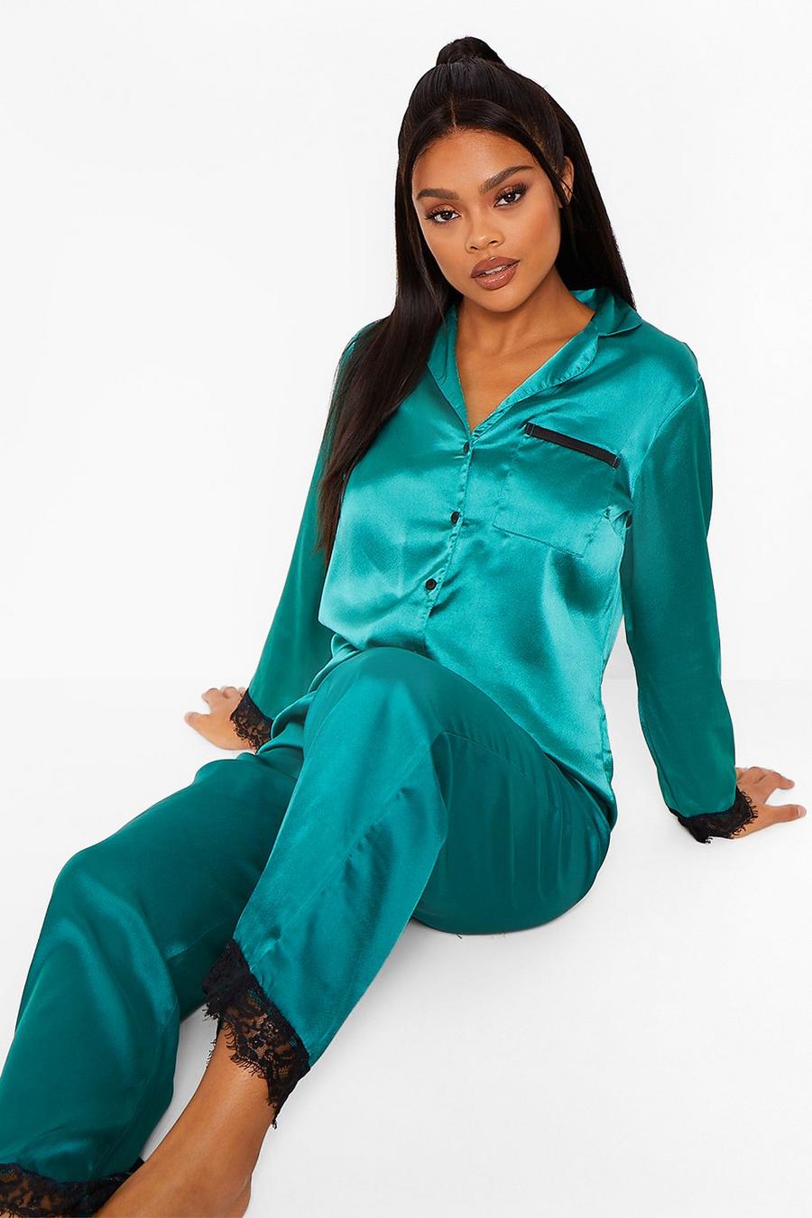 Mix and Match Pyjama-Hosen aus Satin mit Spitzenbesatz, Smaragdgrün green