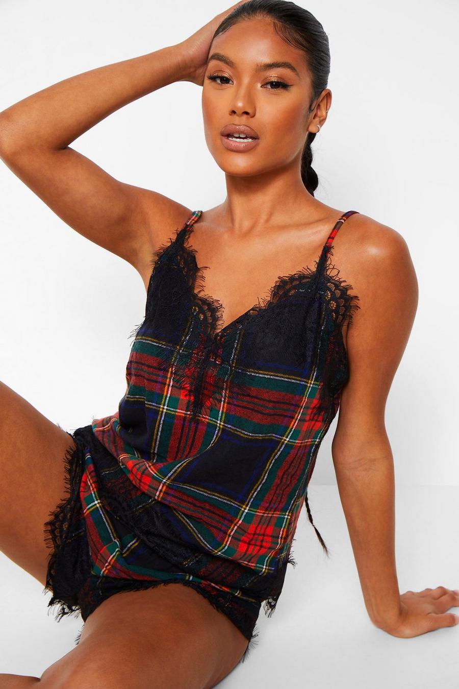 Red rouge Flannel Check Eyelash Lace Cami and Short Set