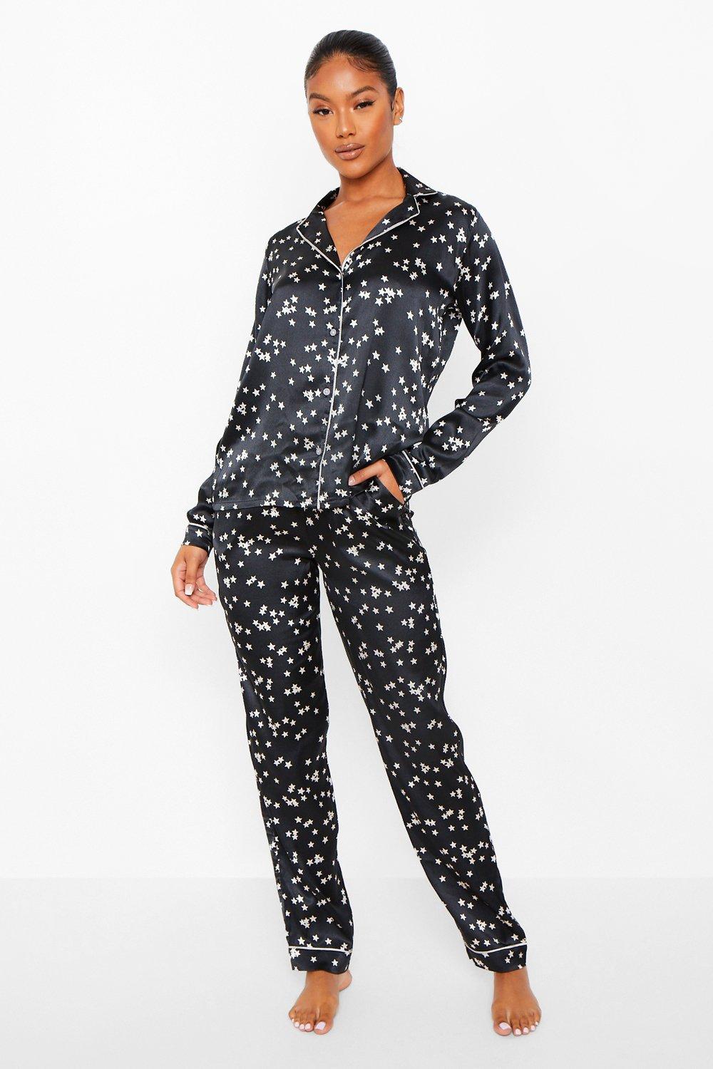 Boohoo Women s Star Print Satin PJ Trouser Set Black