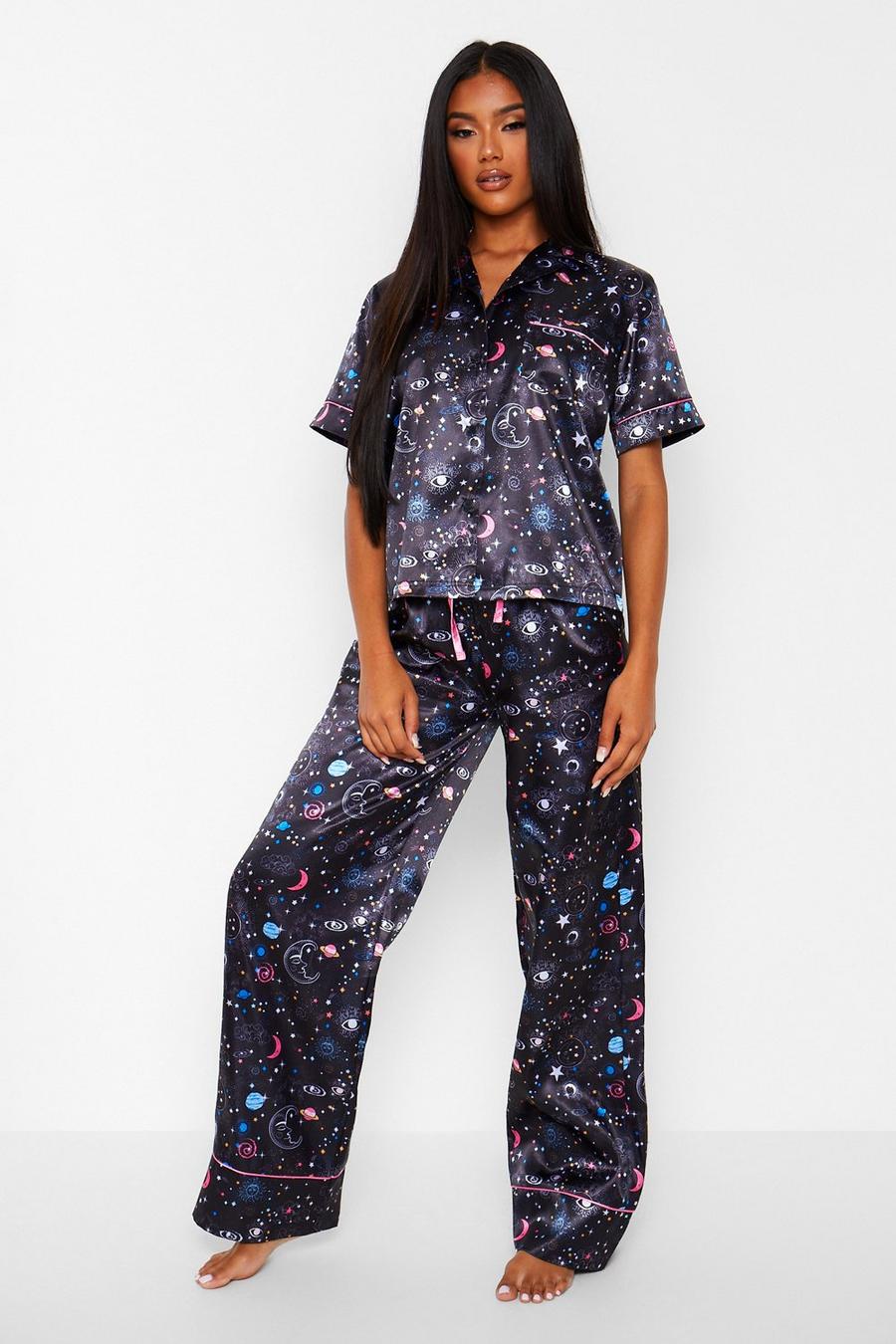Navy Mix & Match Satijnen Galaxy Print Pyjama Broek image number 1