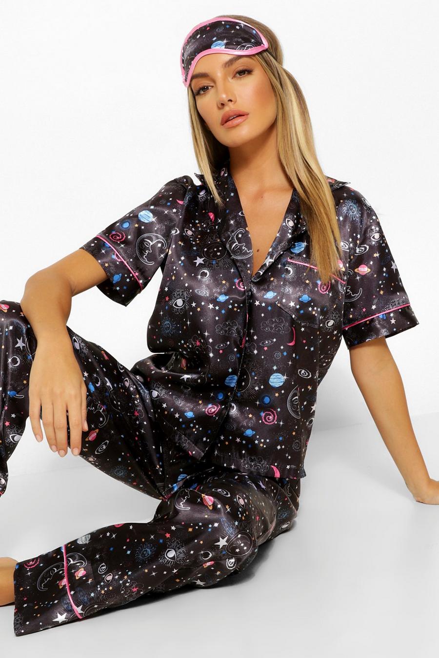 Satin Pyjama-Hemd mit Galaxy-Print, Navy image number 1