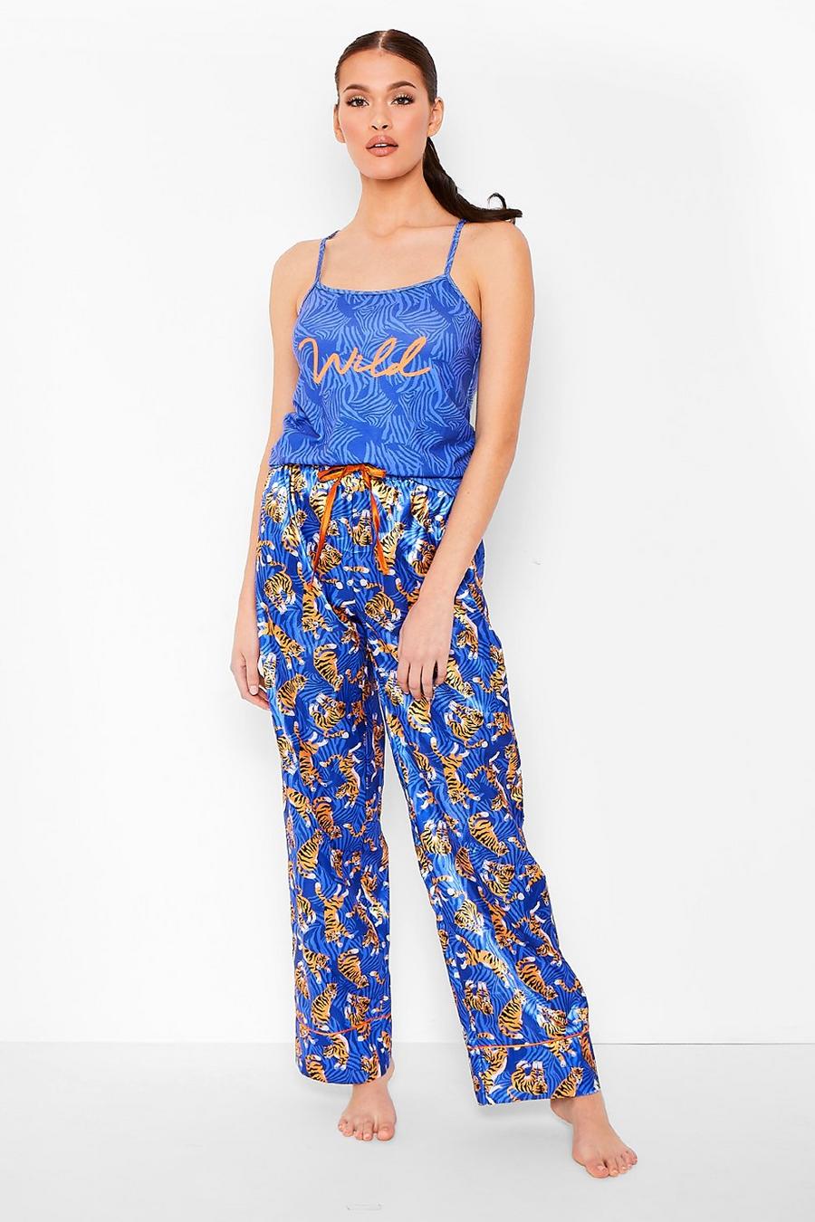 Conjunto de pijama con estampado tigre de camisola y pantalón, Azul marino image number 1