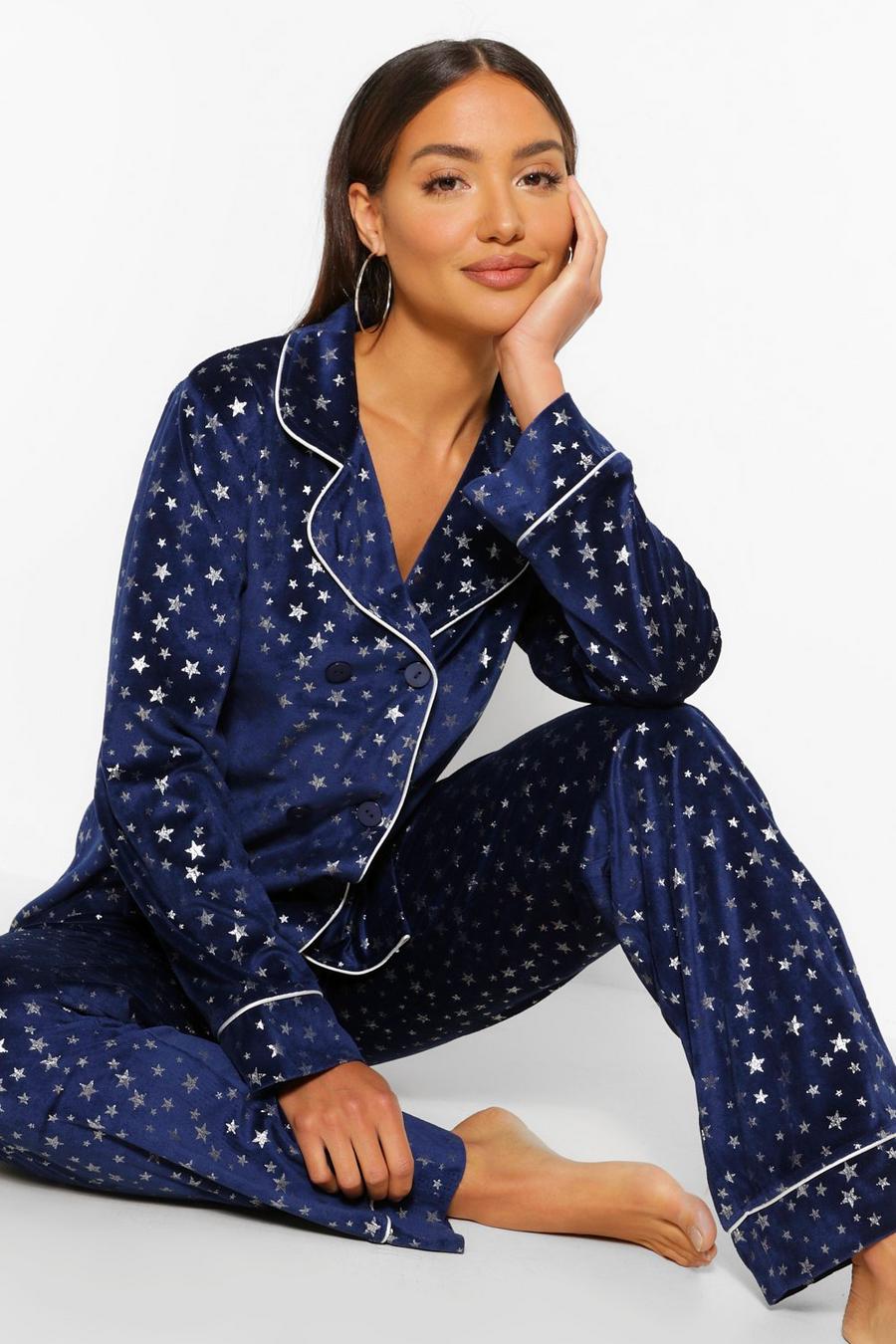 Samt-Pyjama Set mit Metallic Sternen-Print, Marineblau image number 1
