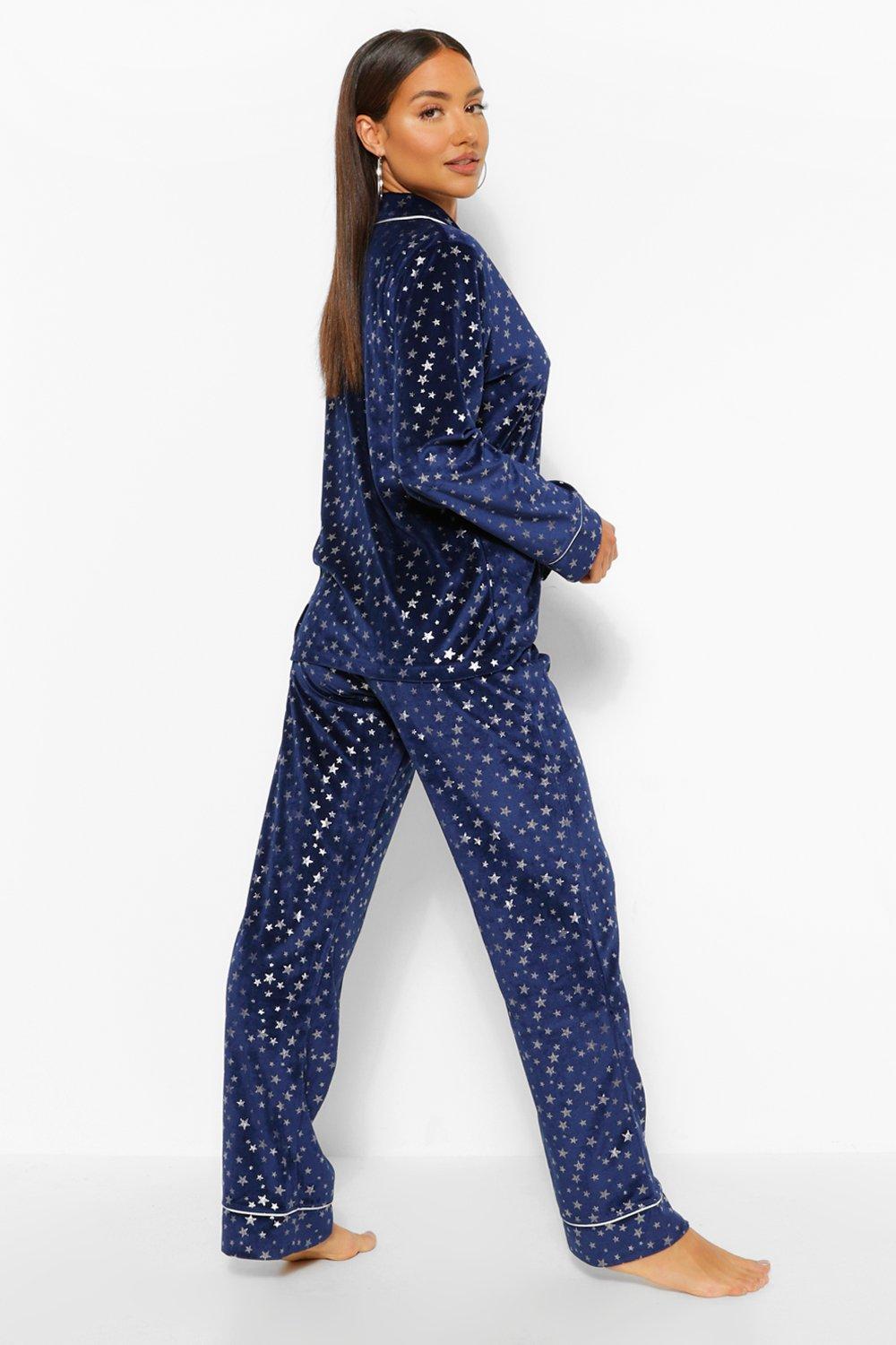 Metallic Star Print Velvet Button Through PJ Set