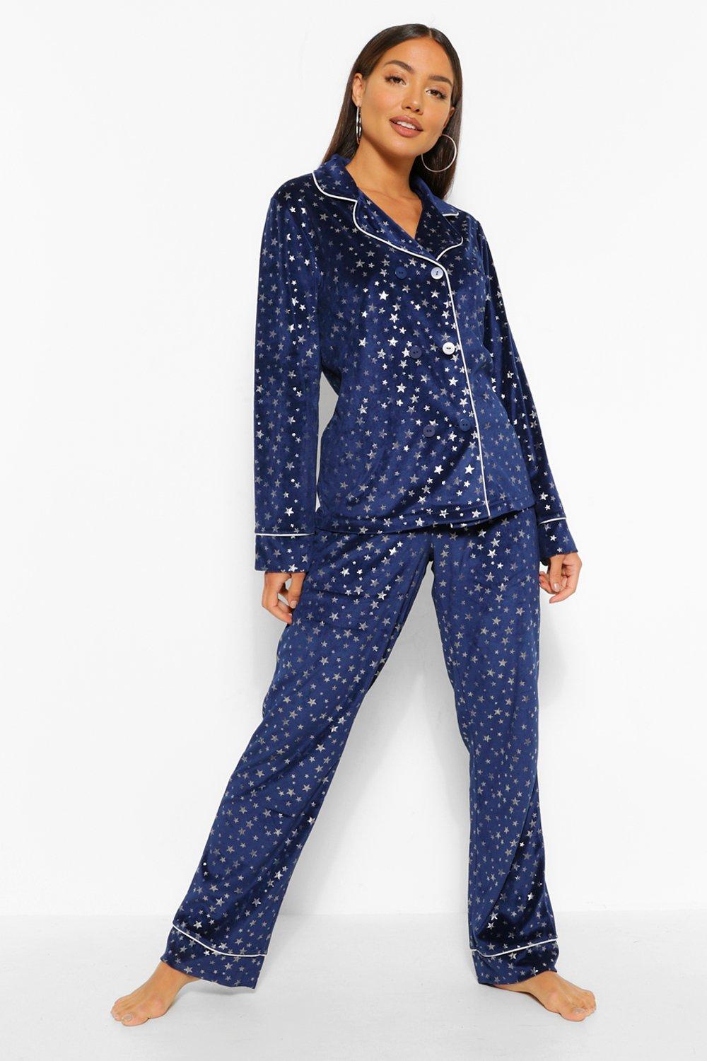 Printed Velvet Pajama Full Sleeve Round Neck 2 Pieces For Women - Dark Blue