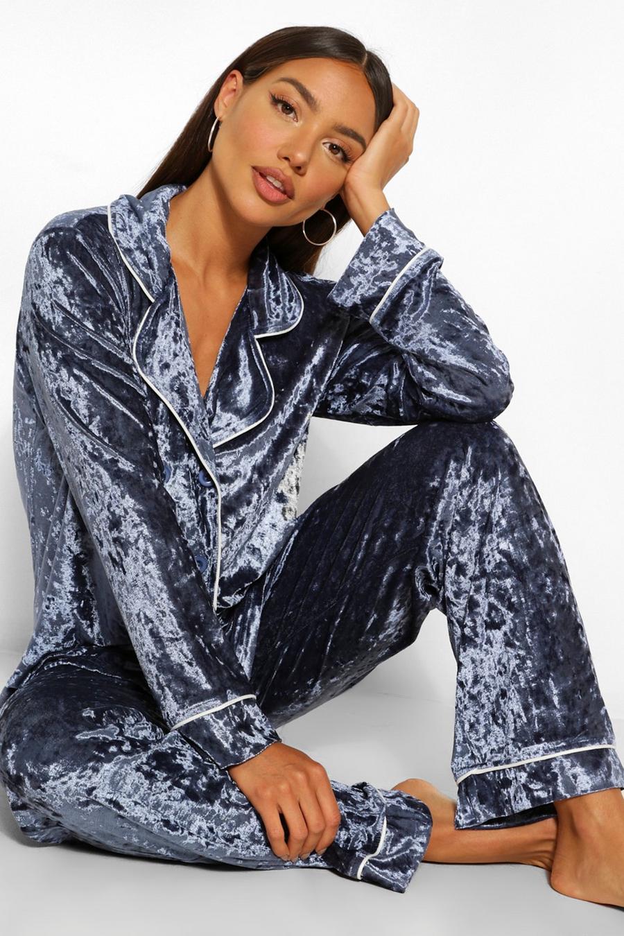Marineblauw Geplet Fluwelen Pyjama Set Met Dubbele Knopen image number 1